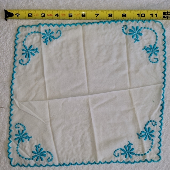Antique Vintage Handkerchief White Hanky Turquoise Blue Embroidered Flowers Edge - Picture 2 of 3